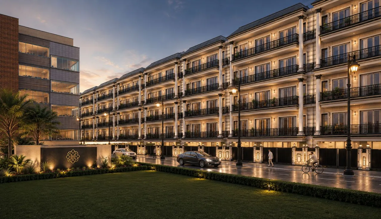 Clubhouse plaza at Golden Avenue Riverside City illuminated at night
